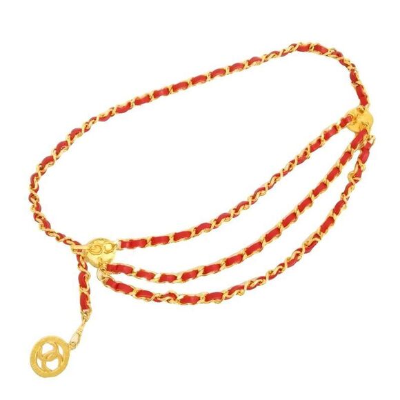 Chanel 80s 1984 Vintage Coco Mark Chain Leather Belt Red Gold - Picture 4 of 8